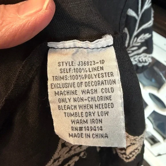 Johnny Was Black Linen Embroidered Frankie Tiered Field Dress Bird Boho Large - Picture 4 of 15